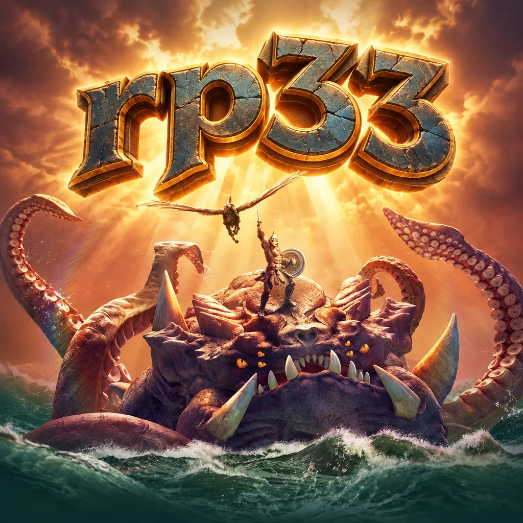 Karakter Perseus bertarung di atas monster laut Kraken berlatar logo rp33